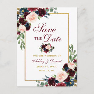 Elegant Save the Date Burgundy Blue Floral Gold Aankondigingskaart