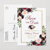 Elegant Save the Date Burgundy Blue Floral Gold Aankondigingskaart (Voorkant / Achterkant)
