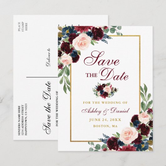 Elegant Save the Date Burgundy Blue Floral Gold Aankondigingskaart (Voorkant / Achterkant)