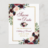 Elegant Save the Date Burgundy Blue Floral Gold Aankondigingskaart (Voorkant)