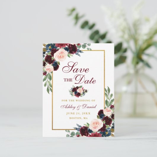 Elegant Save the Date Burgundy Blue Floral Gold Aankondigingskaart (Staand voorkant)