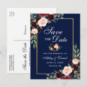 Elegant Save the Date Burgundy Floral Blue Aankondigingskaart (Voorkant / Achterkant)