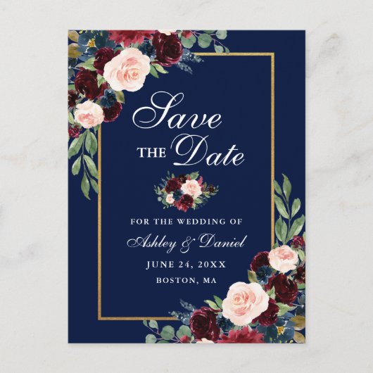 Elegant Save the Date Burgundy Floral Blue Aankondigingskaart (Voorkant)