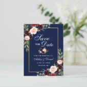 Elegant Save the Date Burgundy Floral Blue Aankondigingskaart (Staand voorkant)