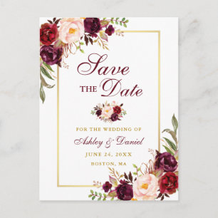 Elegant Save the Date Burgundy Floral Gold Aankondigingskaart