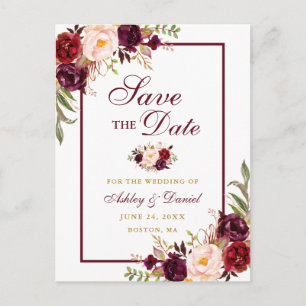 Elegant Save the Date Burgundy Floral Gold Aankondigingskaart