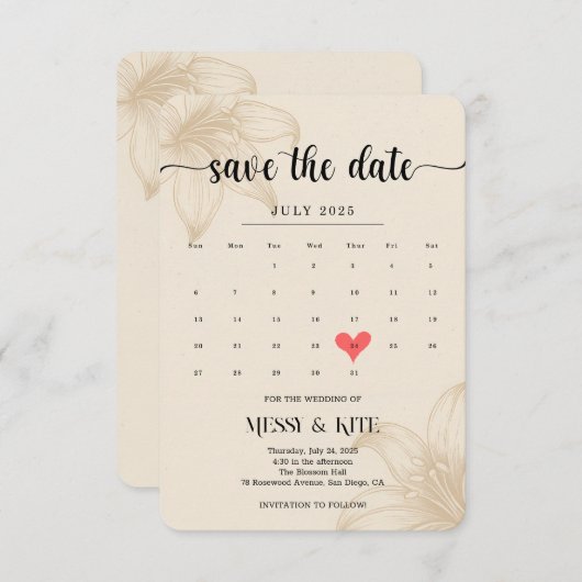 Elegant Save the Date Card – Beige Botanical (Voorkant / Achterkant)