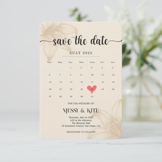 Elegant Save the Date Card – Beige Botanical (Staand voorkant)
