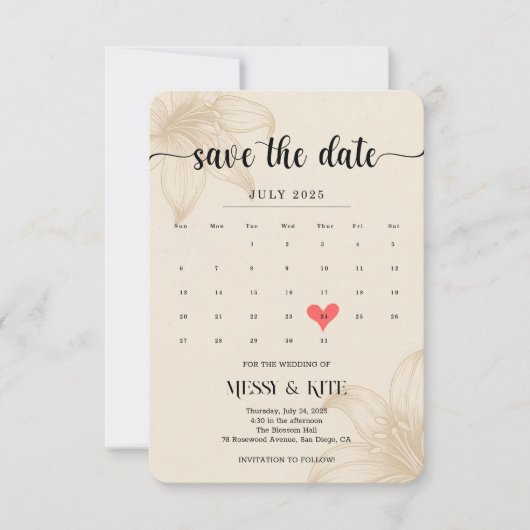 Elegant Save the Date Card – Beige Botanical (Voorkant)