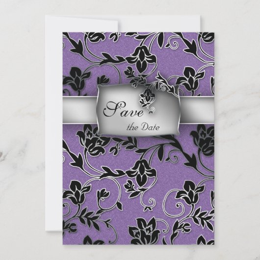 Elegant Save the Date Card Silver Floral Paars (Voorkant)