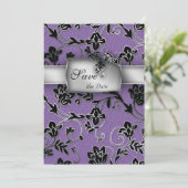 Elegant Save the Date Card Silver Floral Paars (Staand voorkant)