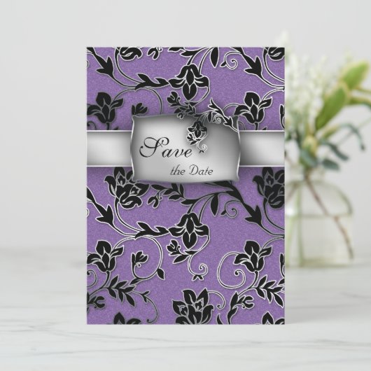 Elegant Save the Date Card Silver Floral Paars (Staand voorkant)