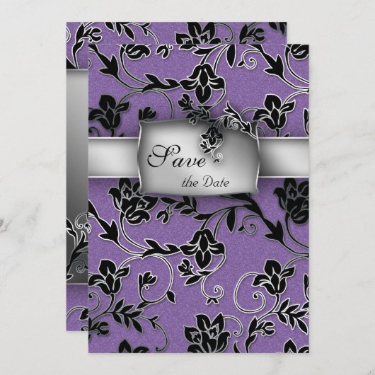 Elegant Save the Date Card Silver Floral Paars (Voorkant / Achterkant)