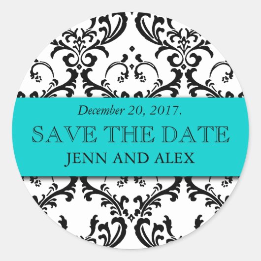 Elegant Save the Date Damask Stickers Aqua Blue (Voorkant)