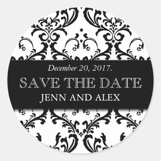 Elegant Save the Date Damask Stickers Zwart (Voorkant)