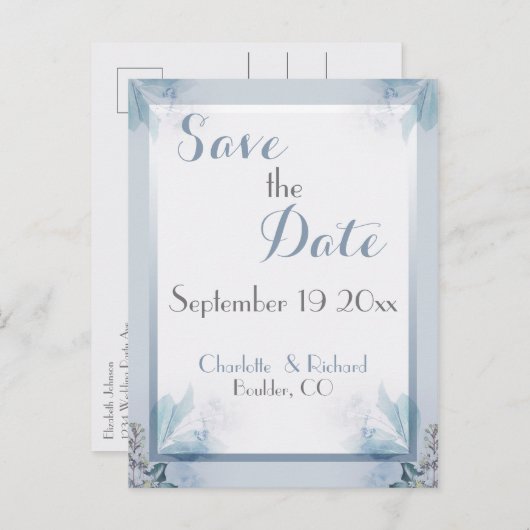 Elegant Save the Date Dusty Blue Floral Waterverf Aankondigingskaart (Voorkant / Achterkant)