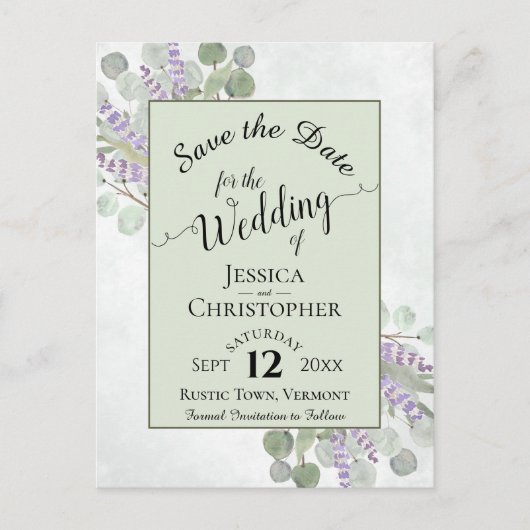 Elegant Save the Date Eucalyptus & Lavender Green Aankondigingskaart (Voorkant)