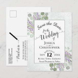 Elegant Save the Date Eucalyptus & Lavender Wit Aankondigingskaart