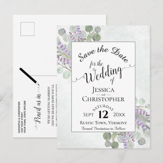 Elegant Save the Date Eucalyptus & Lavender Wit Aankondigingskaart (Voorkant / Achterkant)