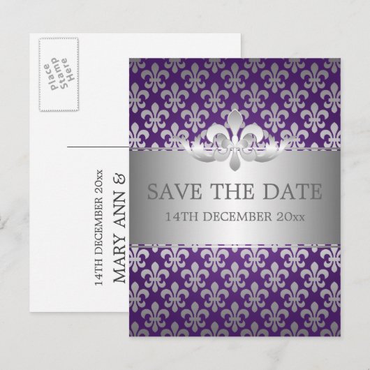 Elegant save the date Fleur de Lis Paarse Aankondigingskaart (Voorkant / Achterkant)