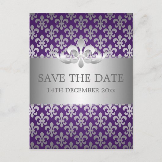 Elegant save the date Fleur de Lis Paarse Aankondigingskaart (Voorkant)