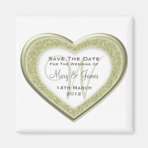 Elegant Save the Date Glitter Heart Gold White Magneet