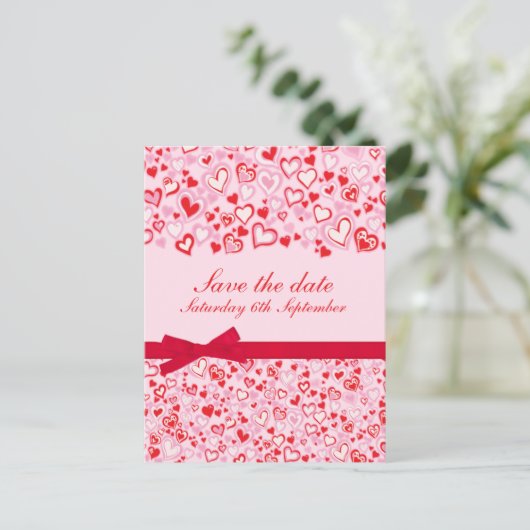Elegant save the date harten & bogen roze kaart (Staand voorkant)