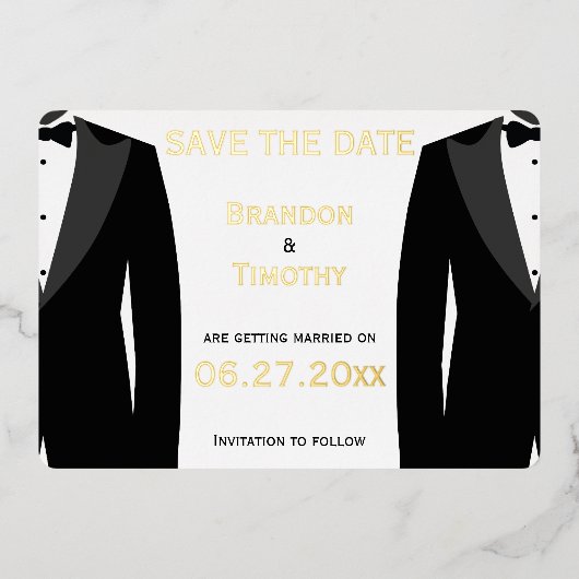 Elegant Save The Date Huwelijk Tussen Mannen Echte Folie Uitnodiging (Voorkant)