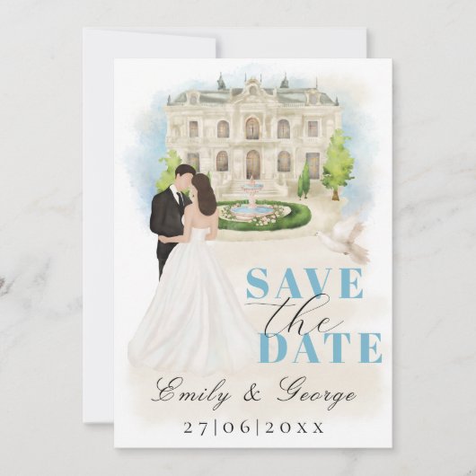 Elegant Save the Date met Bruid en bruidegom locat Kaart (Voorkant)