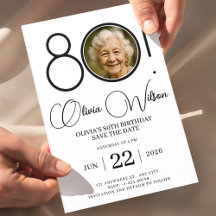 Elegant Save The Date met foto 80ste verjaardag