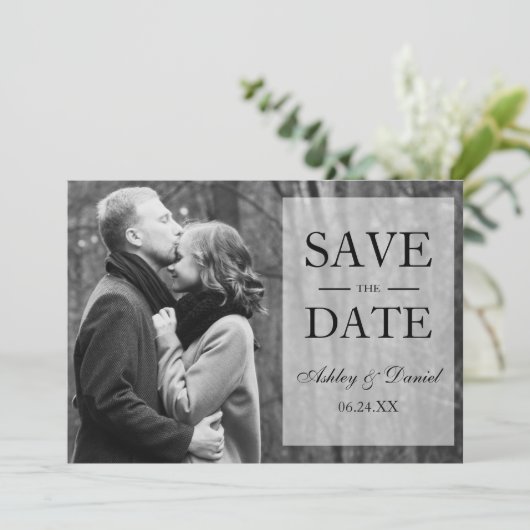 Elegant Save the Date Overlay Black & White Photo (Staand voorkant)