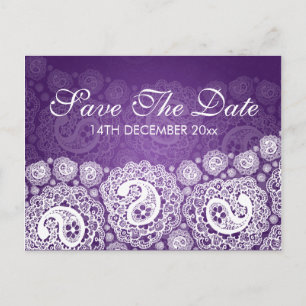 Elegant Save the Date Paisley Lace Paars Aankondigingskaart