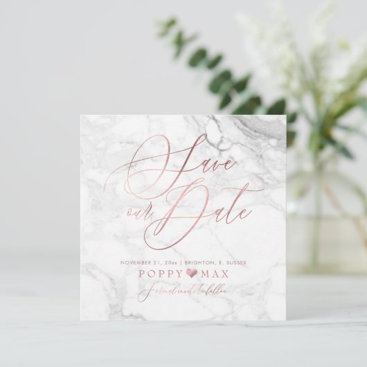 Elegant Save the Date Roos Gold Calligraphy Marble (Staand voorkant)