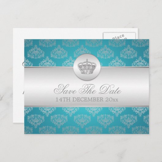 Elegant Save the Date Royal Crown Blue Aankondigingskaart (Voorkant / Achterkant)