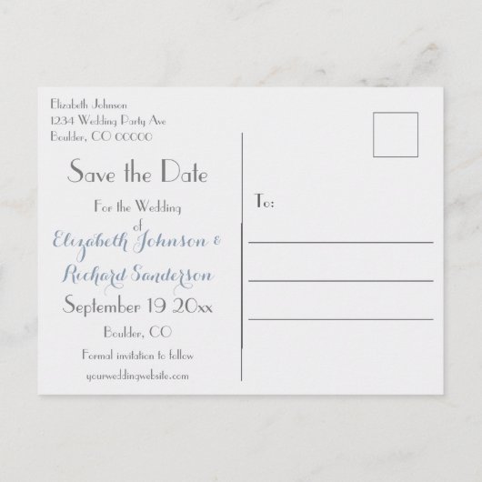 Elegant Save the Date Stofjes Blauwe Bloemige Wate Aankondigingskaart (Achterkant)