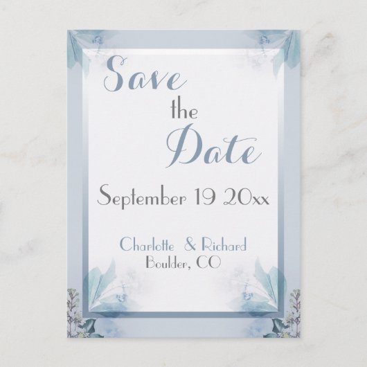 Elegant Save the Date Stofjes Blauwe Bloemige Wate Aankondigingskaart (Voorkant)