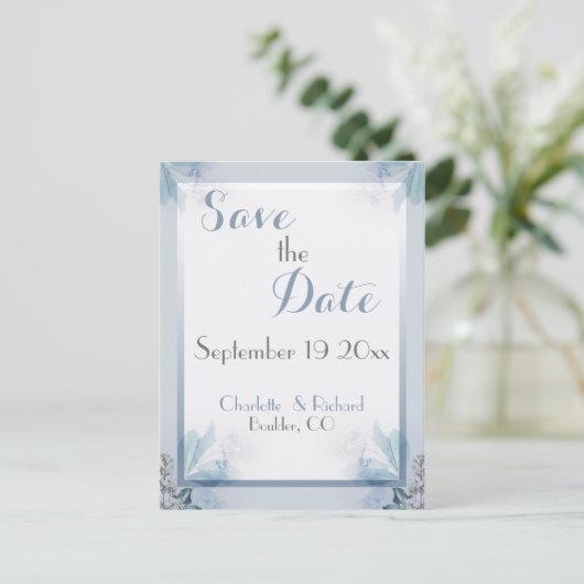 Elegant Save the Date Stofjes Blauwe Bloemige Wate Aankondigingskaart (Staand voorkant)