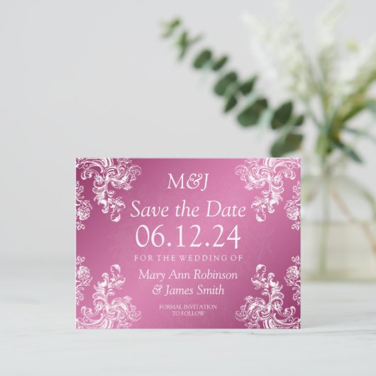 Elegant Save the Date Swirls 2 Roze Aankondigingskaart (Staand voorkant)