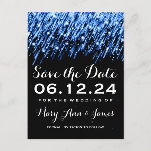 Elegant Save the Date Vallende Sterren Saffier Bla Aankondigingskaart (Voorkant)