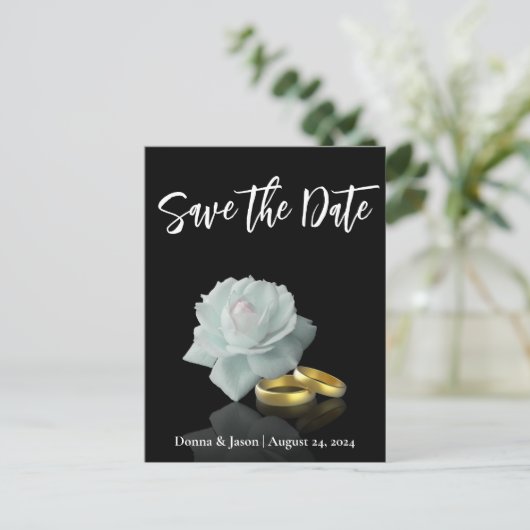 Elegant Save the Date White Rose Gold Rings Script Aankondigingskaart (Staand voorkant)