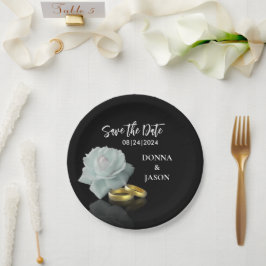 Elegant Save the Date White Rose Gold Rings Script Papieren Bordje