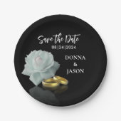 Elegant Save the Date White Rose Gold Rings Script Papieren Bordje (Voorkant)