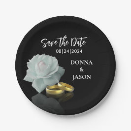 Elegant Save the Date White Rose Gold Rings Script Papieren Bordje