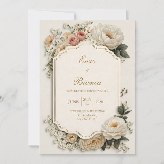 Elegant Scalloped Blush Peony Floral Wedding Kaart (Voorkant)