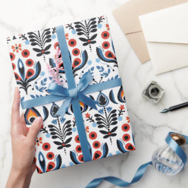 Elegant Scandinavisch Bloemen Folk Wrapping Papier