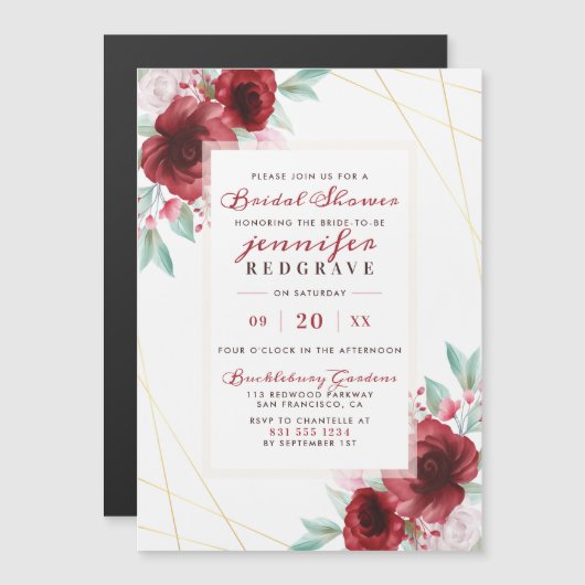 Elegant Scarlet Glam Blooms Floral Vrijgezellenfee Magnetische Uitnodiging (Voorkant / Achterkant)