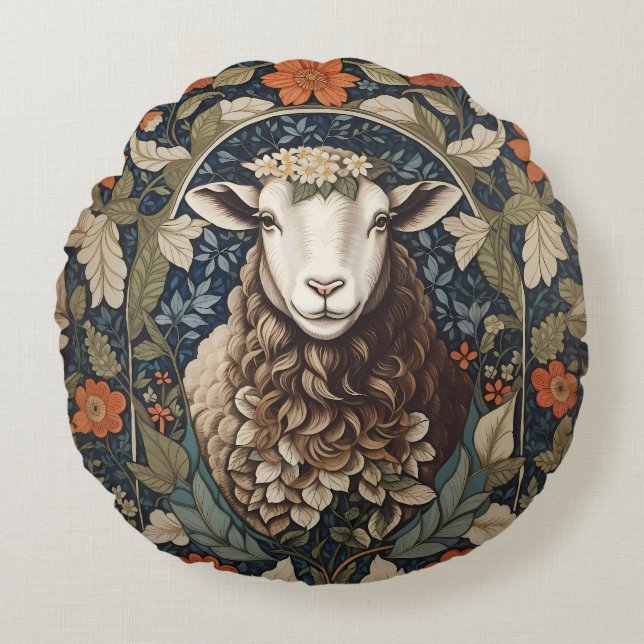 Elegant Schaap William Morris Floral Rond Kussen (Voorkant)
