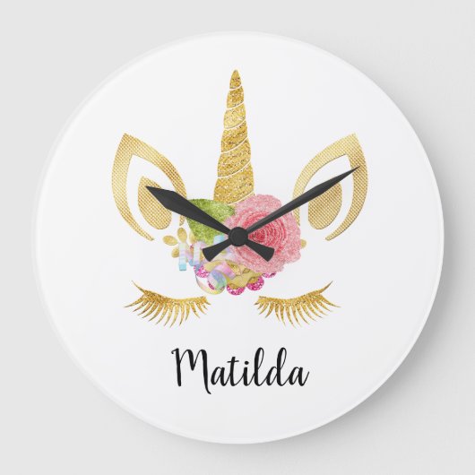 Elegant schattig  bloemgoud glitter unicorn grote klok (Voorkant)