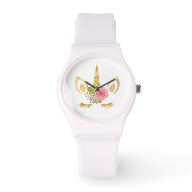 Elegant schattig  bloemgoud glitter unicorn horloge (Voorkant)