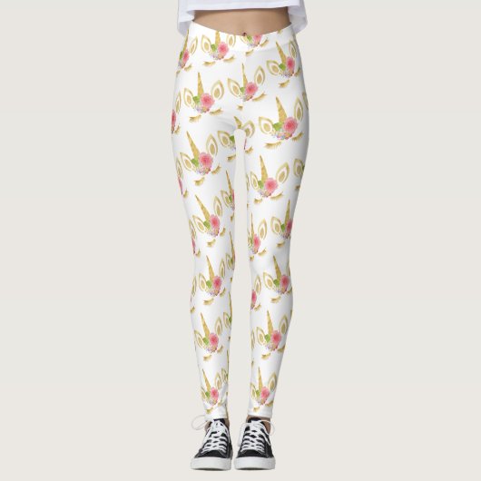 Elegant schattig bloemgoud glitter unicorn leggings (Voorkant)
